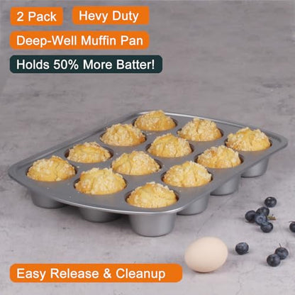 wivplik Deep Well Muffin Pan - 12-Cup 2-Pack, 1.77-Inch Deep Cups (50% More Batter), Heavy Duty Carbon Steel with Nonstick and Non-Toxic Coating, 15.9 x 11.1 Inches