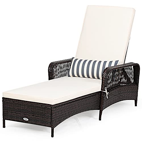 COSTWAY PE Rattan Chaise Lounge Chair, 6 Gear Adjustable Recliner with Armrest & Pillow, Wicker Outdoor Furniture for Deck, Patio (1, Brown)