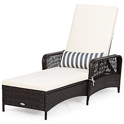 COSTWAY PE Rattan Chaise Lounge Chair, 6 Gear Adjustable Recliner with Armrest & Pillow, Wicker Outdoor Furniture for Deck, Patio (1, Brown)