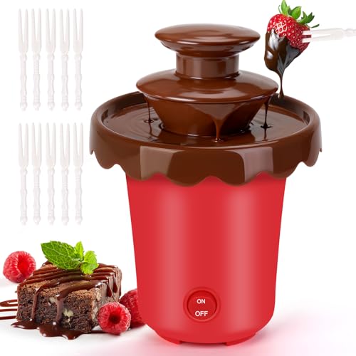 5oz Mini Chocolate Fountain with 10Forks,2-Tier Mini Chocolate Dipping Machine for Use with Chocolate Syrup Only, fit for Parties,Daily Use, Powered by 4 x C Batteries(Not Included) (Red)