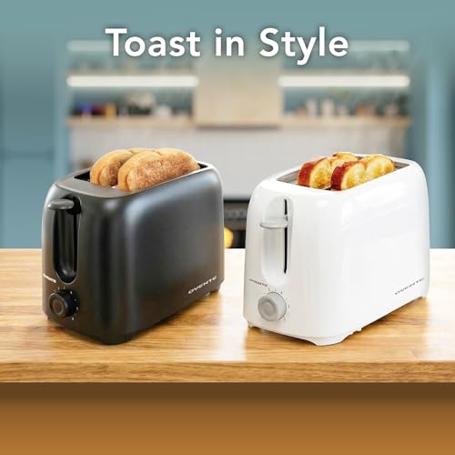 OVENTE Electric 2 Slice Toaster Machine with 6-Shade Browning Selector Setting, Compact Design and Removable Crumb Tray, 700W Power Perfect for Toasting Bread, Thin Bagels and Waffles, Black TP2210B