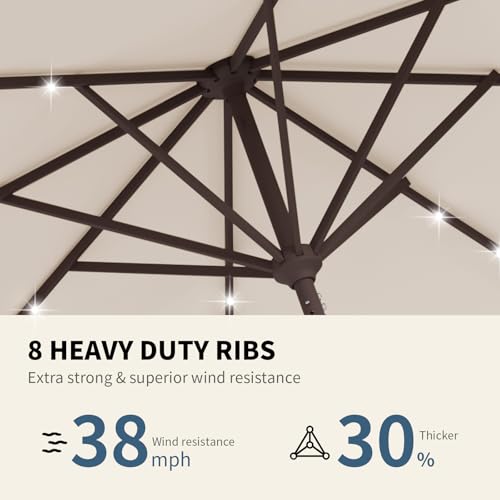 Tobeos 9FT Patio Umbrella with Solar Lights,Outdoor Market Umbrella with Tilt and Crank, LED Lighted Table Umbrella for Garden,Deck,Backyard,Pool,Beach (Beige)
