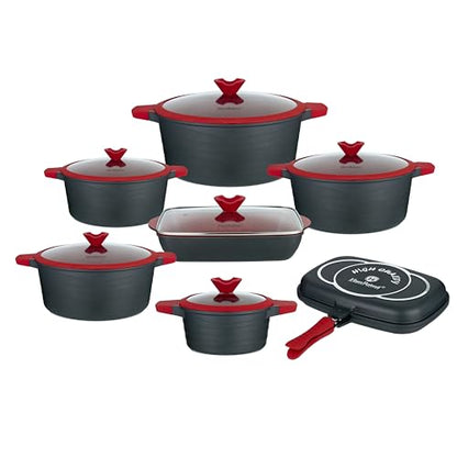 Lorren Home Trends Die-Cast Aluminum Cookware Set, 14 Piece, Non-Stick, Induction Compatible, Red