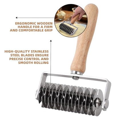 JuyVerq Pastry Lattice Roller Cutter, Stainless Steel Lattice Dough Cutter Wood Handle, Professional Pastry Crust Cutter, Household Time-Saver Cutting Tool Pie Bread Beef Wellington Pizza