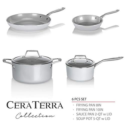 TECHEF - CeraTerra Collection Ceramic Nonstick Cookware Set (PTFE and PFOA Free Ceramic Exterior & Interior), Made in Korea, (6-Piece Set)
