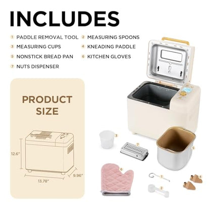 Neretva Bread Machine, 2.2LB 15-in-1 Bread Maker, Dual Heater Breadmaker Machine with Auto Nut Dispenser & Nonstick Ceramic Pan, Bread Maker Machine for Gluten Free, Dough Maker, Sourdough, Yogurt
