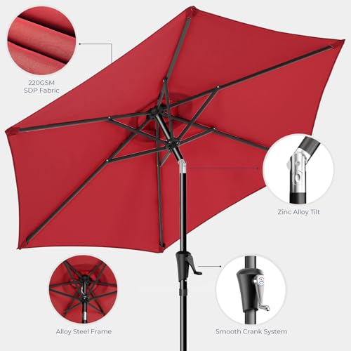 HOMSHADE 9ft Outdoor Patio Umbrella - Market Table Pool Deck Umbrella UPF50+ UV Protection with Push Button Tilt, Crank and 8 Sturdy Ribs (Red, No base)