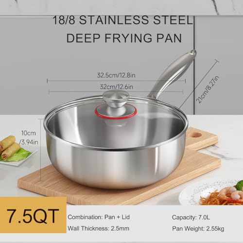 YeKuKing Tri-ply Stainless Steel Saute Pan 7.5-Quart with Clear Lid Deep Frying Pan for Chef's Cooking Wok Induction Oven Dishwasher Safe, Compatible with All Cooktops(Detachable Handle, 13Inch)