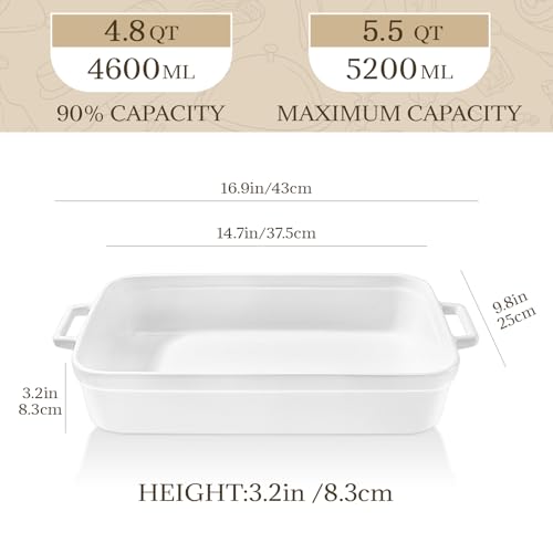 5.5 Quart Casserole Dish,Large Baking Dish Cookware,14.7x10 Inch Deep Lasagna Pan for Oven,Ceramic Bakeware for Baking, Easy to Clean,(White)