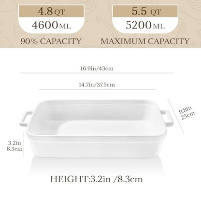 5.5 Quart Casserole Dish,Large Baking Dish Cookware,14.7x10 Inch Deep Lasagna Pan for Oven,Ceramic Bakeware for Baking, Easy to Clean,(White)