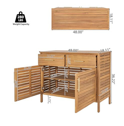Merax Outdoor Patio Acacia Wood Cabinet, Natural Finish Storage Cabinet with 2 Drawers & Double-Door Shelf for Garden, Poolside, Patio