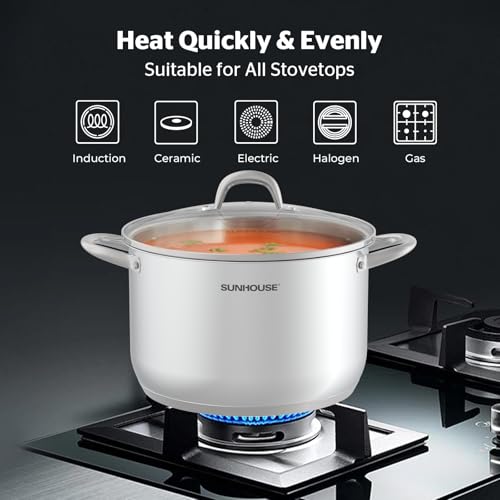 Sunhouse Stock Pot with Lid - 12 QT Large Pot for Cooking Pasta, Soup, Spaghetti - Impact Bonding Base Big Stainless Steel Pots for Canning, Boiling - Oven Safe & Induction Compatible Cookware