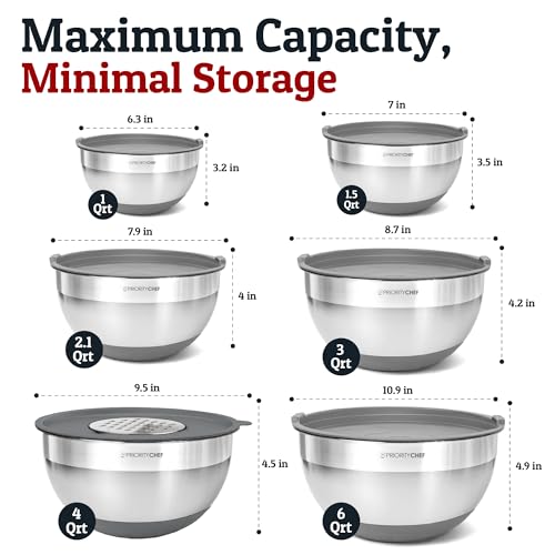 Priority Chef 6Pc Large Mixing Bowls With Lids Set with Non-Slip Bases, Stainless Steel Mixing Bowl Set, 6 Airtight Lids and 3 Graters, Grey
