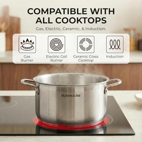 Sunhouse Stock Pot with Lid - 6.5 QT Large Pot for Cooking Pasta, Soup, Spaghetti - Ultra Thick 5-ply Base 18/8 Stainless Steel Pots for Canning, Boiling - Oven Safe & Induction Compatible Cookware