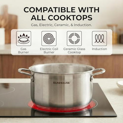 Sunhouse Stock Pot with Lid - 6.5 QT Large Pot for Cooking Pasta, Soup, Spaghetti - Ultra Thick 5-ply Base 18/8 Stainless Steel Pots for Canning, Boiling - Oven Safe & Induction Compatible Cookware