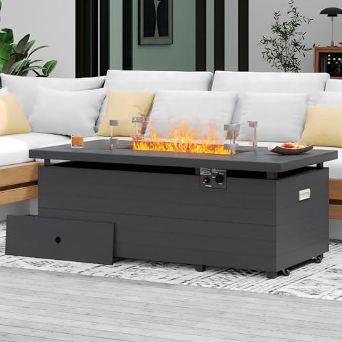 Sundale Outdoor 51 Inch Outdoor Fire Pit Table, 50,000BTU Rectangle Propane Fire Pit with Sliding Tank Holder, Glass Wind Guard, Removable Lid, CSA Certified, Gray