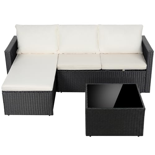 Shintenchi Outdoor Sectional Patio Furniture Set 4-Piece, All-Weather PE Rattan Sofa Couch with Cushions & Storage Coffee Table for Yard, Garden, Porch, Poolside (Beige)