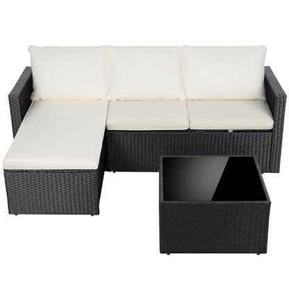 Shintenchi Outdoor Sectional Patio Furniture Set 4-Piece, All-Weather PE Rattan Sofa Couch with Cushions & Storage Coffee Table for Yard, Garden, Porch, Poolside (Beige)