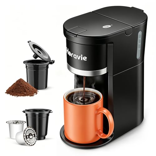 Horavie Small Single Serve Coffee Maker, Fast Brew One Cup Coffee Machine for K Cup and Grounds, 6 to 12 oz. Brew Sizes, Pod Coffee Maker with Descaling Reminder and Viewing Tank, Black