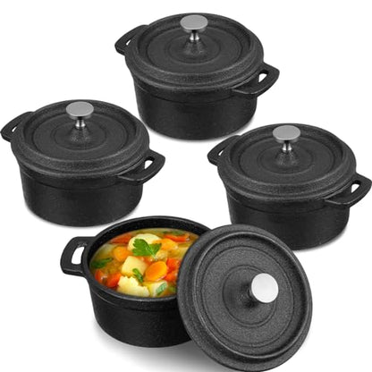 Suttmin 4 Pcs Mini Dutch Oven Small Round Iron Cocotte Black Dutch Oven Pot with Lid and Dual Handles Cast Iron Pot for Stovetop Use Marinate Cook Bake Refrigerate Garlic, Individual Servings(20 oz)