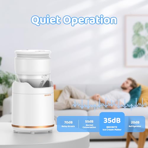 BRIOBITE Ice Cream Maker Machine,Quiet,Rechargeable,1–2 Servings,White