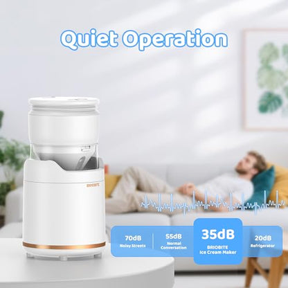 BRIOBITE Ice Cream Maker Machine,Quiet,Rechargeable,1–2 Servings,White