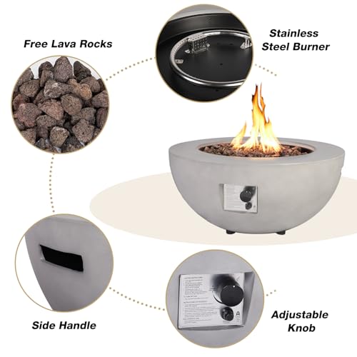 ReeQuo 2-Piece Outdoor Propane Fire Pit Table Set w/Tank Cover Table, 31.5-inch 50,000 BTU Bowl Concrete Firepit SUS201 Round Burner with Steel Lid, Lava Rocks, Rain Cover…