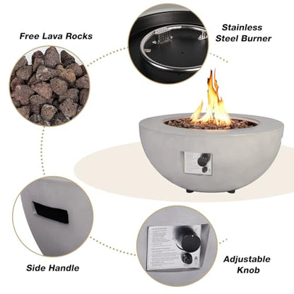 ReeQuo 2-Piece Outdoor Propane Fire Pit Table Set w/Tank Cover Table, 31.5-inch 50,000 BTU Bowl Concrete Firepit SUS201 Round Burner with Steel Lid, Lava Rocks, Rain Cover…
