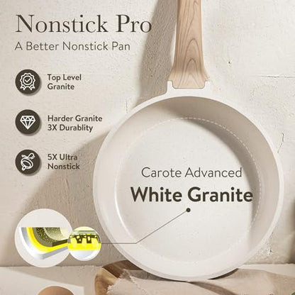 CAROTE Non Stick Frying Pan Skillet, Omelet Pan, Healthy Non Toxic Granite Chef Pan, Induction Compatible Egg Frying Pan with Heat-Resistant Handle, PFOA-Free,Cream White, 8"