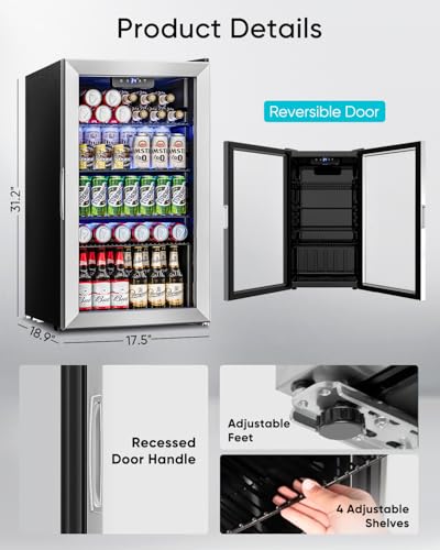 Feelfunn Beverage Refrigerator Cooler - 126 Can Mini Fridge Glass Door for Drinks Soda Beer Wine - Small Refrigerator for Office Bedroom Home Bar, 4 Adjustable Shelves, 3.2 Cu.Ft, Silver