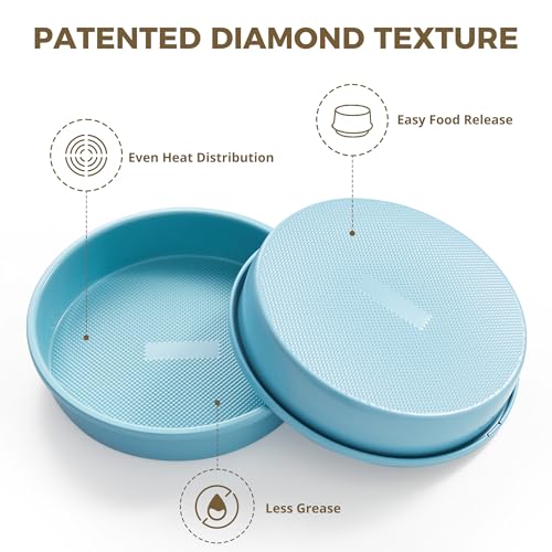 HONGBAKE Nonstick Ceramic 9 Inch Round Cake Pan Set of 2, Heavy-Duty Aluminized Steel round cake pans with Diamond Texture, Non-Toxic Cake Molds, Cake Pans Sets for Baking Cheesecake, Blue