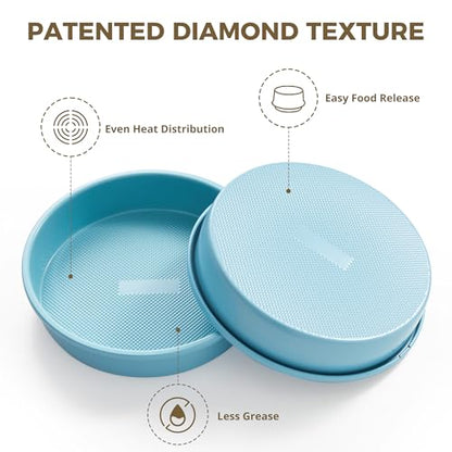 HONGBAKE Nonstick Ceramic 9 Inch Round Cake Pan Set of 2, Heavy-Duty Aluminized Steel round cake pans with Diamond Texture, Non-Toxic Cake Molds, Cake Pans Sets for Baking Cheesecake, Blue