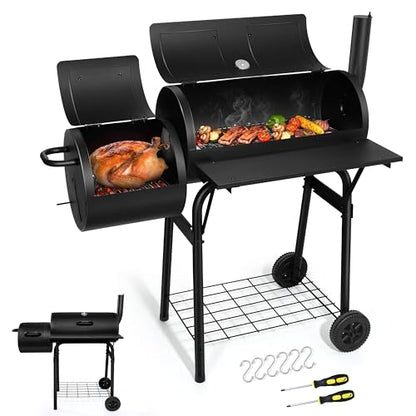 Joyfair Charcoal Grill with Offset Smoker, Camping Barbecue Grill with Side Fire Box for Outdoor BBQ Smoking/Backyard Party Grilling, Thick Iron Steel & Dual Chamber Design, Thermometer & Chimney