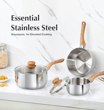 KOCH SYSTEME CS Stainless Steel Saucepan, 3 Quart Sauce Pan with Lid & Cool-Touch Bakelite Handle, 3 QT Saucepan with Lid, Induction Sauce Pan, Stainless Steel Pot 3 Quart