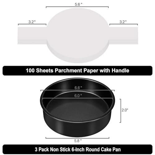 AWTBDP 6 Inch Cake Pans Set of 3, Smash Cake Pans with 100PCS Parchment Paper for Layer Cakes, No-Stick Round Cake Pan Sets for Baking, Durable Baking Pan Set for Christmas Birthday, Dishwasher Safe