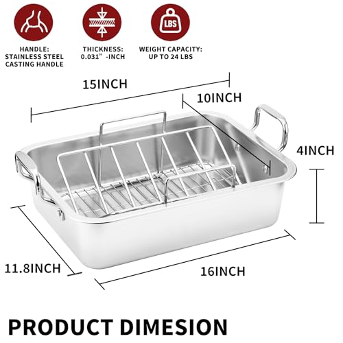 QPMR Roasting Pan with Cooling Rack - Stainless Steel Large Turkey Roaster Pan for Turkey, Chicken, Ham Roaster with V-Shaped Baking Rack Heavy Duty Dishwasher Safe