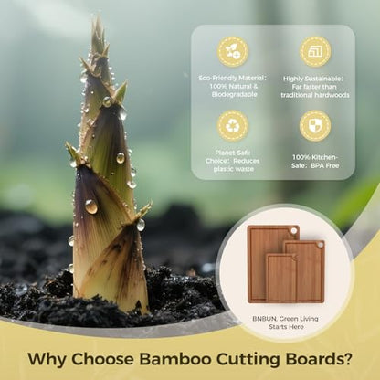 Bamboo Cutting Board for Kitchen – 3-Piece Wooden Boards with Juice Grooves, Side Handles, Non-Slip Mats – Perfect for Meat, Veggies, Fruit – Ideal Kitchen Gift