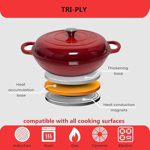 Kookantage 3.5 Quarts Enameled Cast Iron Braiser, Non Stick Enameled Cast Iron Casserole Skillet with Lid, Heavy Duty and Dual Handles Pan for Oven, Stove, Grill,Cook, Bake.