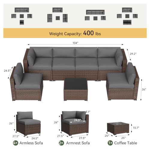 Aoxun Patio Furniture Sets, 7-Piece Outdoor Patio Furniture with Thick Cushions, Wicker Outdoor Conversation Set Sectional Sofa for Backyard, Poolside, Garden