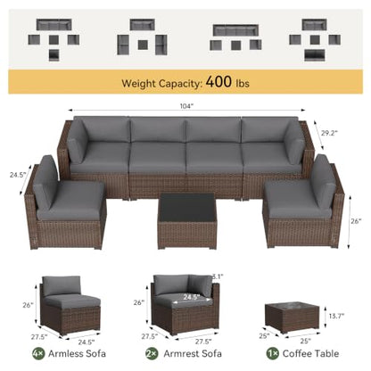 Aoxun Patio Furniture Sets, 7-Piece Outdoor Patio Furniture with Thick Cushions, Wicker Outdoor Conversation Set Sectional Sofa for Backyard, Poolside, Garden
