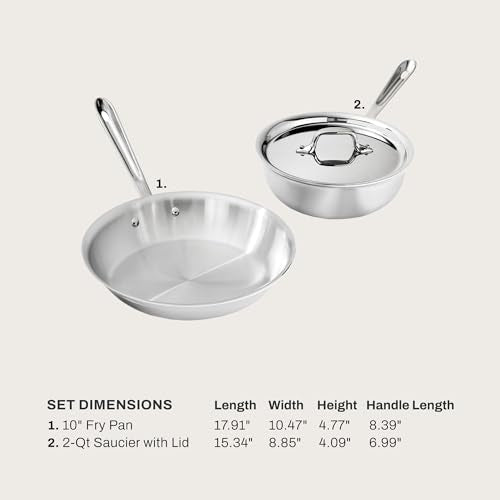 All-Clad D3® Stainless Steel 3 Piece Cookware Set- Made in USA- Includes 10" Frying Pan and 2-Qt Saucier Pan With Lid - Professional Grade -Oven Safe & Induction Compatible
