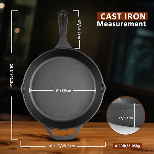 10 Inch Cast Iron Skillet, Pre-Seasoned Frying Pan for Oven, Stovetop, Grill & Campfire, Durable, Non-Toxic, Even-Heating Cookware, Black