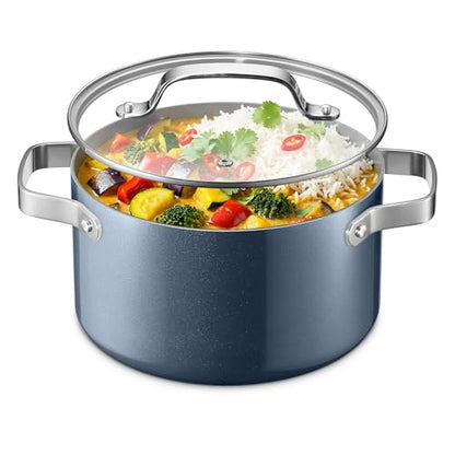 Bakken 5 Quart Ceramic Coated Stock Pot with Lid, Easy to Clean Nonstick Pot, Tempered Glass Lid, Riveted Stainless Steel Handles, Oven Safe Up To 500°F, PTFE & PFAS Free, All Stove Compatible, Blue