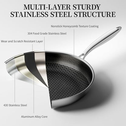 Stainless Steel Frying Pan with Lid, 8 Inch Honeycomb Non Stick Frying Pan, Small Stainless Steel Nonstick Pans W/Lid, Safe Nonstick Skillet Egg Omelete Pans, Oven Safe, Induction Compatible,PFOA Free