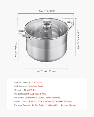 VEVOR Stainless Steel Stock Pot, 12QT Stainless Steel Stockpot with Glass Lid, PFOA-Free, PFAS-Free, Compatible with Gas Stoves, Induction Cooktops, Electric Stoves, for Soups, Stews, and Pasta
