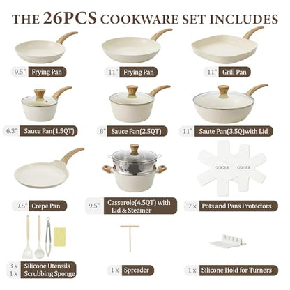 26Pcs Pots and Pans Nonstick Ceramic Cookware Set Nontoxic Kitchen Cooking Set with Steamers Utensils Induction Compatible, PFAS/PFOA Free, Oven and Dishwasher Safe, Cream White