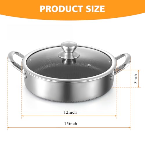 Toutrop Stainless Steel Saute Pan 12 inch Deep Frying Pan,5 Quarts Nonstick Skillet Large Sauté Pan with Lid,PFOA Free Cookware,Induction Compatible Chef Cooking Pan,Dishwasher & Oven Safe