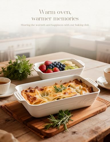 Ceramic Baking Dish Set, 3-Piece Casserole Dishes for Oven, Rectangular Baking Pans, Deep Lasagna Pans with Handles, Multi-Size Set for Cooking, Baking, Serving, and Gifting, White (16.1''/12.2''/9'')