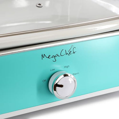 MegaChef 3.5 Quart Rectangle Casserole Slow Cooker with 3 Temperature Settings, Carry Handles and Locking Tempered Glass Lid (Turquoise)