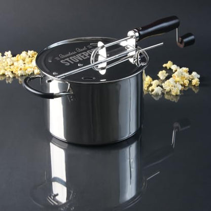 StovePop Stainless Steel Popcorn Popper - Gearless Hand Crank, Magnetic Lid, 6 Qt - Induction Range Compatible